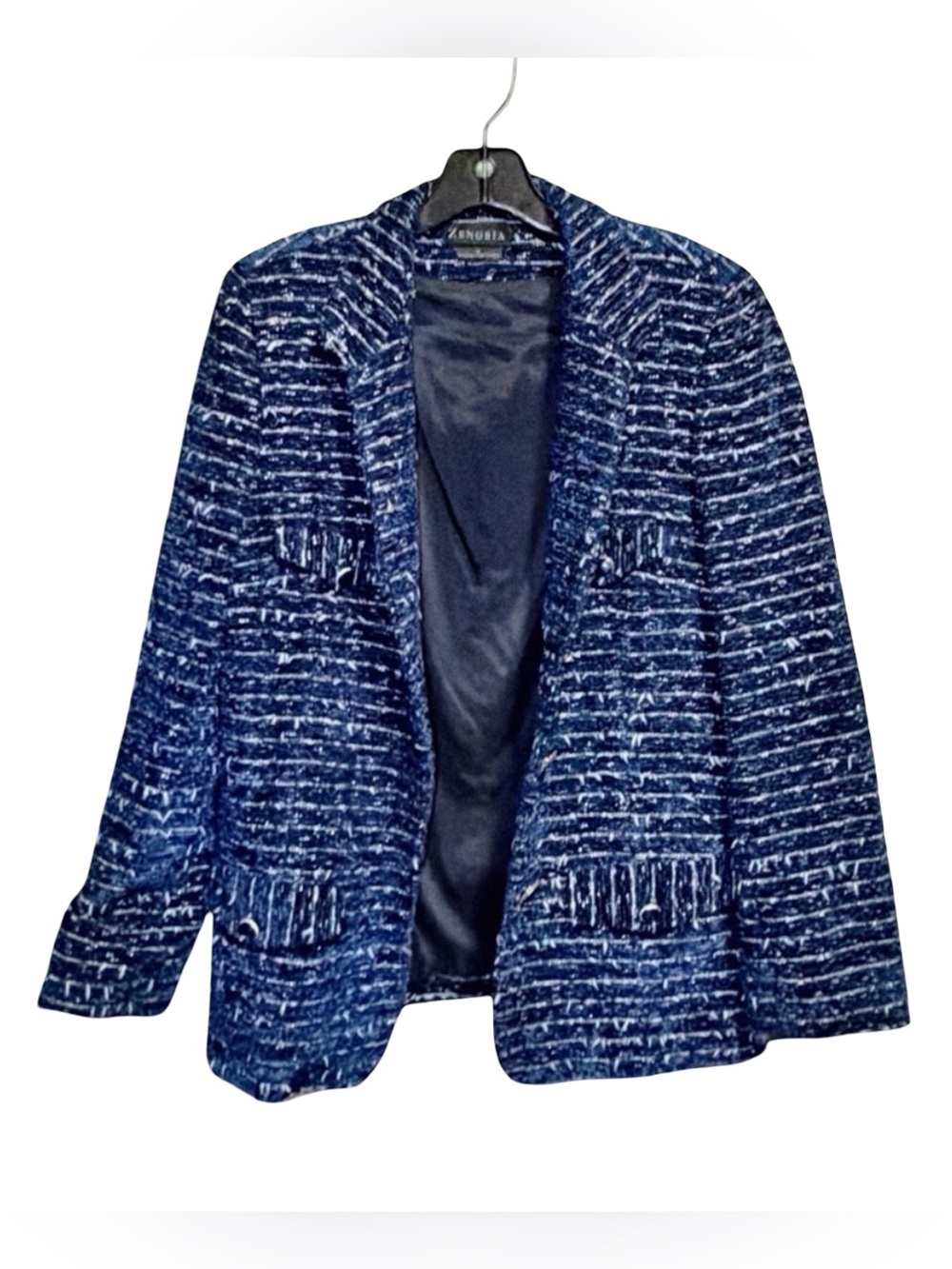 Zenobia Blue Tweed Suit | Chanel-Inspired Textured Blazer & Skirt | Like-New | 8 - Picture 13 of 15